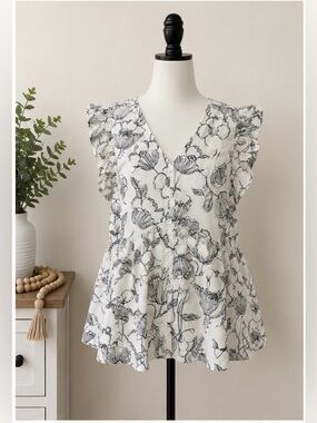 Harlow Floral Ruffle Sleeve Babydoll Blouse M Black Ivory Peplum Top